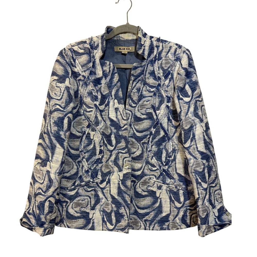 Blue Ice Blazer Jacket Womens 14 Blue White‎ Marble Swirl Print Textured Button